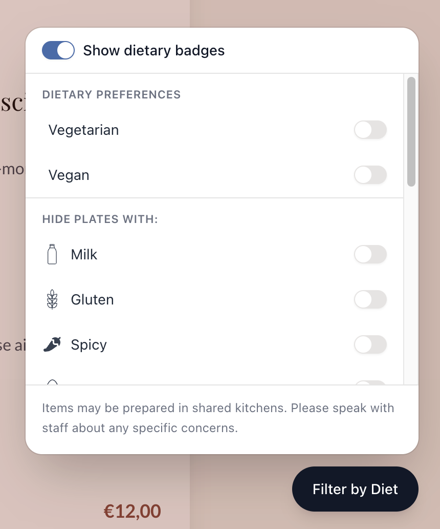 El filtro dietético de una web de Solo Menus ocultando platos por alérgeno