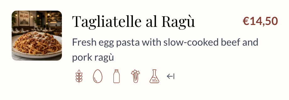 Platos con iconos de alérgenos en una web de Solo Menus
